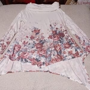 Floral Asymmetrical Long Sleeve Top - Cream and Pink